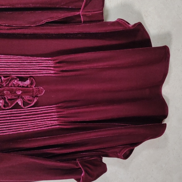 11142 Soft Surroundings maroon velvet pleats and ruffles half button blouse XL - Picture 3 of 9